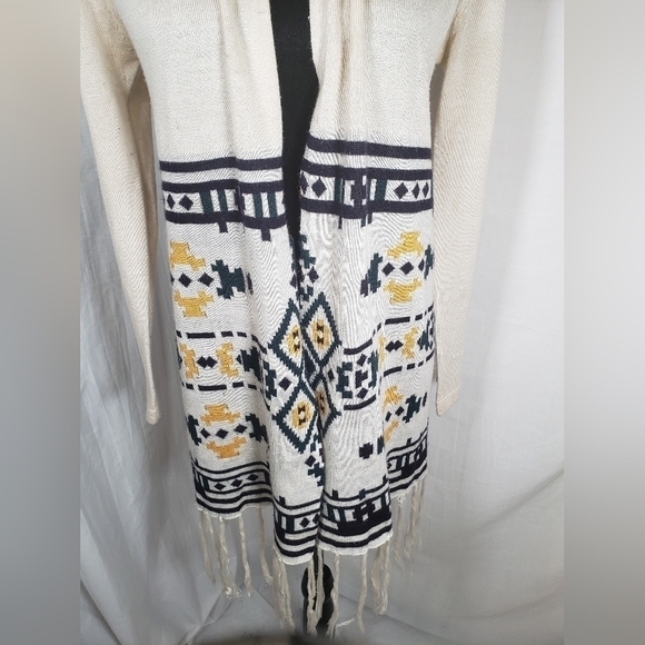 Altar"d State Ivory Aztec Print Long Sleeve Cardigan Sweater with Fringes Sz S - Picture 3 of 9